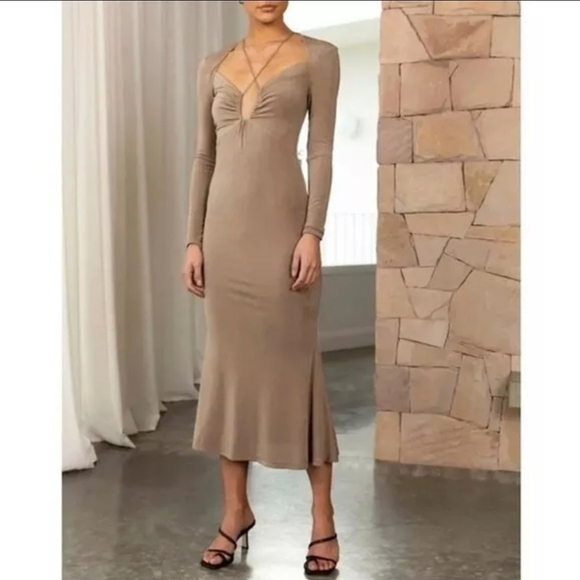 Jason Wu Engracia Plunge Long Sleeve Midi Dress Size L Tan Formal Low Back Bodyc - Picture 13 of 16